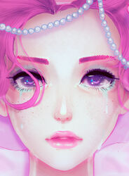  bad_deviantart_id bad_id close-up commentary eyelashes female forehead freckles gem lips long_hair looking_at_viewer nose original parted_bangs pearl_(gemstone) photoshop_(medium) pink_hair pink_lips portrait purple_eyes shari_cote solo 