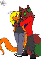  2016 absurd_res anthro boots canid canine clothed clothing digital_media_(artwork) dragon duo felid female footwear fox fur hair hi_res hug hybrid kinumi_kokuryu male mammal mythological_creature mythological_scalie mythology pantherine redgreenfluffball romantic romantic_couple scalie simple_background smile stripes tail tiger tongue zach_snowfox 