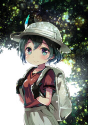  backpack bag black_eyes black_gloves black_hair blush commentary_request dappled_sunlight female gloves hair_between_eyes hat hat_feather helmet holding_strap kaban_(kemono_friends) kemono_friends looking_at_viewer photoshop_(medium) pith_helmet red_shirt shirt short_hair shorts smile solo sunlight yoshimura_(yoshimura4shi) 