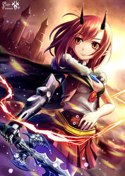  breasts cape city cleavage commentary electricity female fur_trim gauntlets gem highres horns looking_back medium_breasts miniskirt orange_eyes pixiv_fantasia pixiv_fantasia_fallen_kings pointy_ears red_hair short_hair skirt snowing solo sword vest weapon xiaoyin_li 