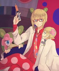  3boys animal_ears blonde_hair blue_eyes boots commentary_request doctor glasses irabu_ichirou kuuchuu_buranko lab_coat lolicon male_focus multicolored_hair multiple_boys multiple_persona necktie pocket_protector smile xxci 