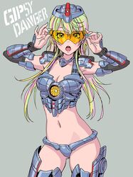  :o adjusting_eyewear armor ass_visible_through_thighs bikini_armor blonde_hair blue_nails boots breasts cleavage commentary_request cowboy_shot elbow_gloves female fingernails gauntlets gipsy_danger gloves greaves grey_background humanization jaeger_(pacific_rim) long_hair looking_at_viewer mecha_musume medium_breasts multicolored_hair nail_polish open_mouth pacific_rim pauldrons personification robot science_fiction shoulder_armor simple_background solo standing sunglasses thigh_boots thighhighs two-tone_hair yamashita_shun&#039;ya 