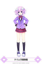  :d alternate_costume black_footwear black_socks blazer blush bow bowtie breasts buttons collared_shirt cross-laced_footwear d-pad d-pad_hair_ornament female flipped_hair full_body gekijigen__blanc_+_neptune_vs_zombie_gundan hair_between_eyes hair_ornament hands_on_own_hips heart highres jacket kneehighs light_purple_hair long_sleeves looking_at_viewer mainichi_compile_heart miniskirt neptune_(neptunia) neptune_(series) official_art open_mouth parted_bangs plaid plaid_bow plaid_bowtie plaid_skirt pleated_skirt pocket purple_bow purple_eyes purple_hair purple_jacket red_bow red_bowtie red_skirt school_uniform shirt shoes short_hair sidelocks simple_background skirt sleeve_cuffs small_breasts smile sneakers socks solo standing translated tsunako v-shaped_eyebrows white_background white_shirt 