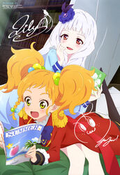  2girls absurdres aikatsu!_(series) aikatsu_stars! blonde_hair blue_flower blush book braid epaulettes flower green_eyes hair_bobbles hair_flower hair_ornament happy highres long_hair multiple_girls nail_polish nikaido_yuzu official_art pink_nails red_eyes s4_uniform scan school_uniform shirogane_lily side_braid signature twintails watanabe_satomi white_hair yotsuboshi_academy_school_uniform 