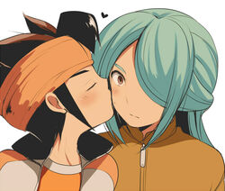  2boys aged_up aqua_hair bad_id bad_pixiv_id blush brown_eyes brown_hair closed_eyes endou_mamoru hair_over_one_eye headband heart inazuma_eleven_(series) inazuma_eleven_go kazemaru_ichirouta kissing kissing_cheek ku--ma long_hair male_focus multiple_boys ponytail simple_background white_background yaoi 