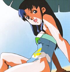  arm_support beach_umbrella blue_eyes blue_hair day female fujiwara_aya long_hair looking_at_viewer official_art one-piece_swimsuit open_mouth outdoors scan sitting solo super_real_mahjong swimsuit tanaka_ryou umbrella 