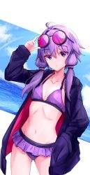  absurdres adjusting_eyewear ahoge bikini bikini_skirt black_jacket blue_sky breasts closed_mouth collarbone cowboy_shot eyewear_on_head female frilled_bikini frills hair_between_eyes hand_in_pocket highres jacket long_sleeves looking_at_viewer lucky_m7 navel ocean open_clothes open_jacket purple_bikini purple_eyes purple_hair short_hair_with_long_locks sidelocks sky small_breasts solo sunglasses swimsuit voiceroid yuzuki_yukari 