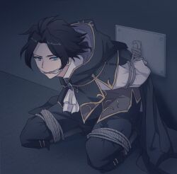  1boy ascot black_capelet black_hair black_pants blue_eyes bound capelet commentary_request cyrus_albright gag gold_trim hair_intakes highres improvised_gag male_focus octopath_traveler octopath_traveler_i oshushi_k5 pants short_hair solo tape tape_gag tied_up_(nonsexual) white_ascot 