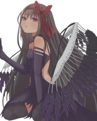  akemi_homura akuma_homura bare_shoulders black_dress black_gloves black_hair black_thighhighs bow commentary dress elbow_gloves female gloves hairbow highres hiiragi_kai light_blush long_hair looking_at_viewer mahou_shoujo_madoka_magica mahou_shoujo_madoka_magica:_hangyaku_no_monogatari open_mouth purple_eyes red_bow simple_background solo thighhighs very_long_hair white_background wings 