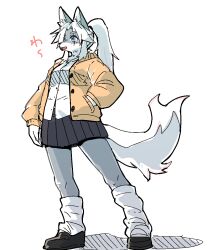  2024 5:6 anthro blue_eyes bottomwear breasts canid canine canis clothing female footwear fur grey_body grey_fur hair hand_in_pocket hi_res jacket japanese_text low-angle_view mammal okami_bark ookamiwaho open_mouth pockets ponytail shadow shoes skirt socks solo text topwear white_hair wolf 