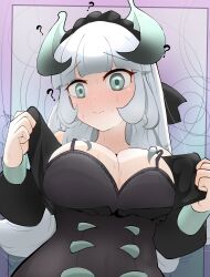  ? @_@ black_bra blush bra breasts chamber_dragonmaid cleavage dragon_girl dragon_horns duel_monster female grey_eyes grey_hair highres horns lace lace_bra large_breasts long_hair maid_headdress solo underwear undressing upper_body wize_(artist) yu-gi-oh! 