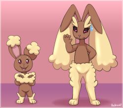  absurd_res ambiguous_gender anthro bodily_fluids breasts brown_body brown_fur buneary duo featureless_breasts featureless_crotch fur generation_4_pokemon heshieokf hi_res lagomorph looking_down lopunny mammal nintendo pokemon pokemon_(species) sweat sweatdrop tan_body tan_fur 