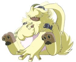  angoramon anthro bandai_namco digimon digimon_(species) digimon_ghost_game fluffy fur hair hair_over_eyes hi_res lagomorph leporid long_ears male mammal pawpads plushie ponytail_ears portugueselynx rabbit solo yellow_body yellow_fur 