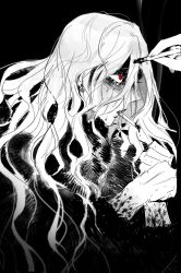  abuse bad_id bad_pixiv_id cigarette cigarette_burn coat crying crying_with_eyes_open danganronpa_another earrings eyelashes female fur_coat greyscale highres holding holding_cigarette jewelry long_hair looking_up magorobi_emma monochrome partially_shaded_face red_eyes smoke smoke_trail spot_color super_danganronpa_another_2 sweat tears techa_(pixiv7164124) upper_body wavy_hair 