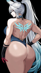  animal_ears ass back black_background blue_eyes blue_hair blue_leotard breasts commentary english_commentary eyeliner feixiao_(honkai:_star_rail) female fox_ears fox_girl from_behind gloves gradient_hair hella_p highres honkai:_star_rail honkai_(series) large_breasts leotard long_hair makeup multicolored_hair paid_reward_available parted_lips ponytail simple_background smile solo thighs very_long_hair white_hair 