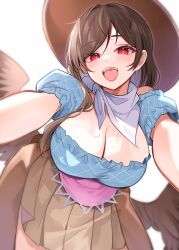  breasts brown_hair cleavage cowboy_hat feathered_wings female hat highres kurokoma_saki looking_at_viewer meimei_(meimei89008309) open_mouth puffy_short_sleeves puffy_sleeves red_eyes short_sleeves simple_background smile solo touhou white_background wings 