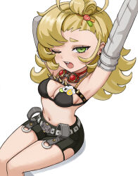  armpits blonde_hair breasts choker cleavage female goggles goggles_around_neck green_eyes hair_ornament looking_at_viewer navel piper_wheel presenting_armpit sitting stretching thick_eyebrows white_background yawning zenless_zone_zero zeromas 