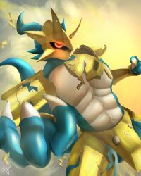  abs absurd_res anthro armor bandai_namco blue_body broken_armor digimon digimon_(species) gold_(metal) gold_armor hi_res magnamon male midriff pecs red_eyes scalie solo stymieg101 