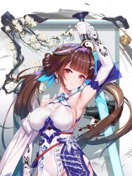  absurdres armpits bare_shoulders breasts brown_eyes brown_hair china_dress chinese_clothes cleavage dakimakura_(medium) dress earrings female gloves hanging_scroll highres holding holding_sword holding_weapon honkai_(series) honkai_impact_3rd jewelry large_breasts li_sushang li_sushang_(jade_knight) long_hair looking_at_viewer misheng_liu_yin scroll smile solo sword weapon white_dress white_gloves 