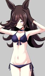  absurdres alternate_costume armpits bikini black_hair blush breasts cleavage closed_mouth collarbone commentary female grey_hair groin highres long_hair looking_at_viewer nagonago10 navel purple_eyes rice_shower_(umamusume) simple_background small_breasts smile solo swimsuit umamusume 