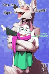  abstract_background aennor anthro bai_se_(aennor) bodily_fluids bovid canid canine caprine closed_eyes deltarune dialogue english_text eyewear fox fur glasses goat hanging_by_arms hi_res horn hug hugging_another hugging_from_behind male male/male mammal open_mouth pink_horn ralsei scared_expression scared_face scarf solo speech_bubble tagme tears text undertale_(series) white_body white_fur 