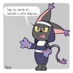  anthro bandai_namco black_body black_fur blackgatomon claws clothing costume dialogue digimon digimon_(species) eyelashes felid feline female fur gloves handwear hi_res looking_at_viewer mammal mr_harinezumi nera_(el_senor_erizo) nun nun_habit nun_outfit open_mouth religious_clothing ring solo spanish_text tail text translation_request yellow_sclera 