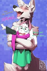  abstract_background absurd_res aennor anthro bai_se_(aennor) bodily_fluids bovid canid canine caprine closed_eyes deltarune dialogue english_text eyewear fox fur glasses goat hanging_by_arms hi_res horn hug hugging_another hugging_from_behind male male/male mammal open_mouth pink_horn ralsei scared_expression scared_face scarf solo speech_bubble tagme tears text undertale_(series) white_body white_fur 