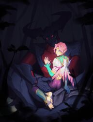  2boys absurdres armor ass black_armor colored_skin ezreal faerie_court_ezreal highres horns league_of_legends long_sleeves multiple_boys on_lap outdoors pants parted_bangs pink_hair pink_pants red_eyes red_skin rhaast sharp_teeth short_hair sitting sudo_(pseudostars) teeth wings yaoi 