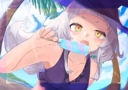  absurdres armpits beach blue_sky blush breasts chankuro female food grey_hair highres holding holding_food holding_popsicle hololive long_hair looking_at_viewer murasaki_shion open_mouth palm_tree popsicle sky solo swimsuit tree virtual_youtuber water white_hair yellow_eyes 