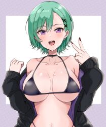  :d bikini black_bikini black_choker black_jacket black_nails blush breasts choker ear_piercing female gradient_nails green_hair hair_behind_ear highleg highleg_bikini highres jacket keikesu large_breasts long_sleeves looking_at_viewer micro_bikini mole mole_on_breast navel off_shoulder open_clothes open_jacket piercing purple_eyes purple_jacket red_nails short_hair smile solo string_bikini swept_bangs swimsuit underboob v virtual_youtuber vspo! white_background yakumo_beni 