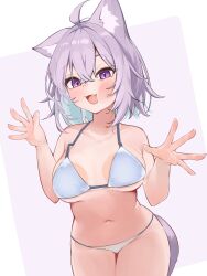  against_glass ahoge animal_ears bikini blue_hair breast_press breasts cat_ears cat_girl cat_tail colored_inner_hair fangs female highres hololive large_breasts looking_at_viewer multicolored_hair navel nekomata_okayu open_mouth purple_eyes purple_hair reine_(reineko6) smile solo swimsuit tail virtual_youtuber white_bikini 