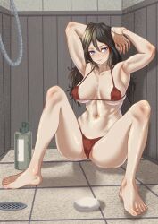  absurdres armpits arms_behind_head barefoot bikini black_hair blue_eyes breasts closed_mouth commentary_request female girls_und_panzer halterneck highres indoors large_breasts long_hair looking_at_viewer navel nonna_(girls_und_panzer) partial_commentary red_bikini shower_(place) sitting smile solo string_bikini swept_bangs swimsuit tigern_(tigern28502735) 