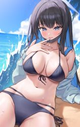  beach bikini black_bikini black_mask blue_archive collarbone colored_inner_hair female highres mask mouth_mask multicolored_hair navel neil_(neil_nim) ocean sand saori_(blue_archive) solo splashing surgical_mask swimsuit tongue water wet 