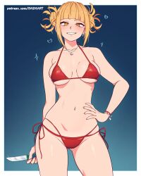  absurdres arm_behind_back ass_visible_through_thighs bare_arms bare_shoulders bikini blonde_hair blue_background blunt_bangs blush boku_no_hero_academia border breasts bright_pupils cowboy_shot dashi_(dashiart) double_bun ear_piercing earrings female glint grin hair_bun halterneck hand_on_own_hip heart highres holding holding_knife jewelry knife large_breasts looking_at_viewer messy_hair multi-strapped_bikini_bottom navel necklace outside_border patreon_username piercing raised_eyebrow red_bikini short_hair side-tie_bikini_bottom sidelocks skindentation smile solo standing stomach string_bikini swimsuit toga_himiko underboob web_address white_border white_pupils yellow_eyes 