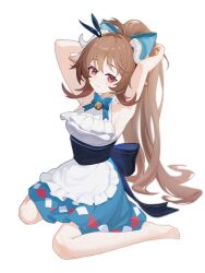  absurdres animal_ears arknights armpits arms_up barefoot bell blue_bow blue_bowtie blue_skirt bow bowtie braid brown_hair chinese_commentary closed_mouth commentary_request curled_horns eyjafjalla_(arknights) eyjafjalla_the_hvit_aska_(a_picnic_before_a_long_trip)_(arknights) eyjafjalla_the_hvit_aska_(arknights) fantasy_traveler female frills full_body hairbow highres horns jingle_bell long_hair looking_at_viewer neck_bell official_alternate_costume red_eyes shirt simple_background sitting skirt smile solo toes wariza white_background white_horns white_shirt 