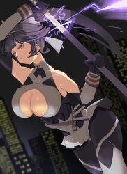  absurdres azur_lane bare_shoulders black_gloves bow breasts brown_hair building center_opening cleavage cleavage_cutout clothing_cutout cowboy_shot extra_ears female from_side gloves high-waist_pantyhose highres holding holding_sheath katana long_hair microskirt official_alternate_costume pantyhose pleated_skirt purple_lightning ribbon sheath skirt skyscraper solo sword takao_(azur_lane) takao_(divine_exorcist&#039;s_blade)_(azur_lane) unsheathing very_long_hair weapon white_bow white_ribbon yellow_eyes yudofu_ice 