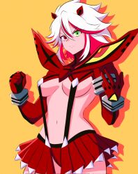  alternate_color alternate_eye_color alternate_hair_color blizzard_(b1iz4rd) breasts cowboy_shot female frown gloves green_eyes hair_between_eyes heterochromia highres kill_la_kill large_breasts matoi_ryuuko miniskirt multicolored_hair navel orange_background red_eyes red_gloves red_hair red_skirt senketsu shadow short_hair simple_background skirt two-tone_hair white_hair 