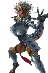  anthro armor armor_plates bared_teeth bottomwear breastplate brown_body brown_skin clenched_teeth clothing dragon female frown hair hi_res horn jijis-waifus loincloth long_hair melee_weapon multi_horn mythological_creature mythological_scalie mythology red_eyes scalie scowl solo standing swinging_weapon sword tail teeth weapon white_hair yvvie_(wsad) 