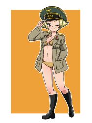  adjusting_clothes adjusting_headwear ass_visible_through_thighs bikini black_footwear blonde_hair boots breasts brown_bikini brown_eyes brown_jacket closed_mouth commentary erwin_(girls_und_panzer) female full_body girls_und_panzer goggles goggles_on_headwear green_hat hand_in_pocket hat jacket long_sleeves looking_at_viewer military_hat military_jacket navel one_eye_closed open_clothes open_jacket orange_background peaked_cap pointy_hair short_hair small_breasts smile solo standing swimsuit takahashi_kurage textless_version 