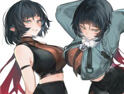  animal_ears bare_shoulders black_hair black_shorts breasts cropped_jacket female fur-trimmed_jacket fur_trim green_eyes grin highres jacket jane_doe_(zenless_zone_zero) large_breasts looking_at_viewer lucadark_art midriff mouse_ears mouse_girl multicolored_hair multiple_views red_hair shorts smile two-tone_hair zenless_zone_zero 