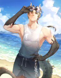  1boy abs absurdres adjusting_eyewear arknights beach blonde_hair chong_yue_(arknights) cloud cloudy_sky commentary_request cowboy_shot dragon_boy dragon_horns dragon_tail eyewear_on_head hand_on_own_hip highres horns long_hair looking_at_viewer low_ponytail male_focus male_swimwear mountainous_horizon nipples ocean outdoors pointy_ears red_eyes sky solo standing sunglasses swim_trunks tail tank_top toned toned_male user_ukcm7775 