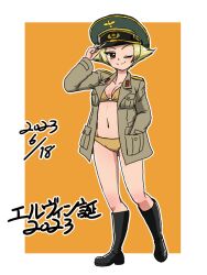  2023 adjusting_clothes adjusting_headwear ass_visible_through_thighs bikini birthday black_footwear blonde_hair boots breasts brown_bikini brown_eyes brown_jacket character_name closed_mouth commentary dated erwin_(girls_und_panzer) female full_body girls_und_panzer goggles goggles_on_headwear green_hat hand_in_pocket hat jacket long_sleeves looking_at_viewer military_hat military_jacket navel one_eye_closed open_clothes open_jacket orange_background peaked_cap pointy_hair short_hair small_breasts smile solo standing swimsuit takahashi_kurage translated 