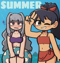  antenna_hair aqua_eyes bikini bikini_skirt black_hair blue_sky blunt_bangs blush breasts cartoonized cleavage collarbone cowboy_shot curtained_hair double-parted_bangs eyelashes fis_(t83192933) ganaha_hibiki grey_hair grin hair_ribbon highres holding holding_swim_ring hot idolmaster idolmaster_(classic) idolmaster_million_live! idolmaster_million_live!_theater_days innertube large_breasts long_hair looking_at_viewer medium_breasts mountainous_horizon nose_blush ocean one_eye_closed ponytail purple_bikini red_bikini red_ribbon ribbon shijou_takane sidelocks sky smile standing summer sweat swim_ring swimsuit toon_(style) translation_request v very_long_hair wavy_hair 