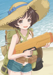  absurdres akiyama_yukari backpack bag beach belt bikini blue_shorts brown_eyes brown_hair brown_hat camouflage camouflage_bikini commentary cowboy_shot cutoffs denim denim_shorts female girls_und_panzer green_bikini halterneck harness hat highres holding holding_water_gun looking_at_viewer messy_hair micro_shorts open_fly open_mouth qgkmn541 short_hair shorts smile solo standing straw_hat sun_hat swimsuit utility_belt water water_gun 