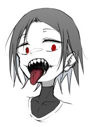  female grey_hair highres kinazuki looking_at_viewer open_mouth original portrait red_eyes sharp_teeth short_hair simple_background solo stitched_mouth stitches teeth tongue tongue_out white_background 