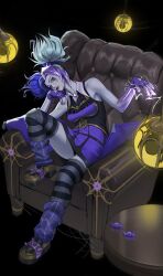  absurdres alternate_costume armchair bare_shoulders bkgz192959 black_background candy chair closed_mouth colored_skin dress female fingerless_gloves food gloves grey_hair highres league_of_legends leaning_to_the_side multicolored_skin purple_hair shoes sitting solo striped_clothes striped_thighhighs table thighhighs twintails two-tone_skin zeri_(league_of_legends) 