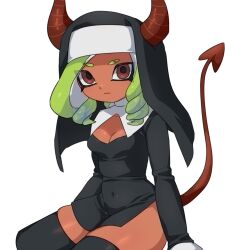  black_dress breasts cleavage closed_mouth dark-skinned_female dark_skin demon_horns demon_tail dress drill_hair eyebrow_cut eyes_visible_through_hair female frown green_hair habit highres horns ikki_(gsl_9708) long_hair long_sleeves medium_breasts nun octoling octoling_girl octoling_player_character red_eyes red_horns red_tail short_dress simple_background sitting skindentation solo splatoon_(series) tail tail_raised tentacle_hair thighs white_background 