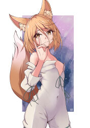  :3 absurdres animal_ear_fluff animal_ears blonde_hair breasts cleavage covered_navel cowboy_shot female fox_ears fox_girl fox_shadow_puppet fox_tail green_ribbons hair_between_eyes highres kudamaki_tsukasa looking_at_viewer lykesya open_clothes ribbon romper short_hair short_sleeves simple_background small_breasts smile solo tail touhou white_romper yellow_eyes 