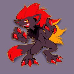  2024_pokemon_gigaleak 3_fingers ambiguous_gender beta_pokemon_(species) beta_pokemon_games beta_zoroark black_body black_fur chest_tuft claws feral fingers fur generation_5_pokemon mane nintendo open_mouth orange_body orange_eyes orange_fur pokemon pokemon_(species) pupils puropoly red_body red_fur simple_background slit_pupils solo tail tuft zoroark 