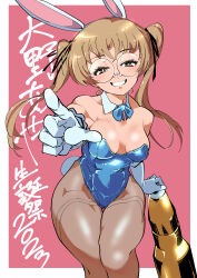  2023 absurdres animal_ears birthday black_ribbon blue_bow blue_bowtie blue_leotard bow bowtie breasts brown_eyes brown_hair character_name commentary covered_navel detached_collar elbow_gloves fake_animal_ears fake_tail female fishnet_pantyhose fishnets girls_und_panzer glasses gloves grey_thighhighs grin hair_ribbon half-closed_eyes highleg highleg_leotard highres holding leaning_forward leotard long_hair looking_at_viewer medium_breasts oono_aya pantyhose pink_background playboy_bunny pointing pointing_at_viewer rabbit_ears rabbit_tail ribbon rimless_eyewear round_eyewear shinkuukan_(tetsuo3) smile solo standing strapless strapless_leotard tail tank_shell text_background thighhighs translated twintails white_gloves wing_collar 